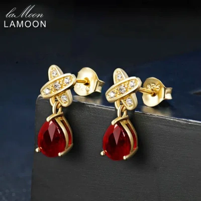LAMOON 2CT TEARDROP 100% RED RUBY STUD EARRINGS 925 STERLING SILVER KEEPSAKE XMAS GIFTS