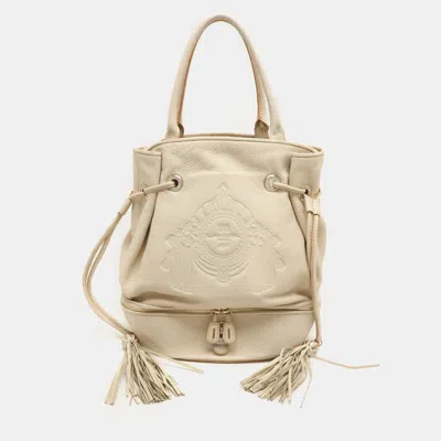 LANCEL CREAM LEATHER DRAWSTRING TASSEL TOTE