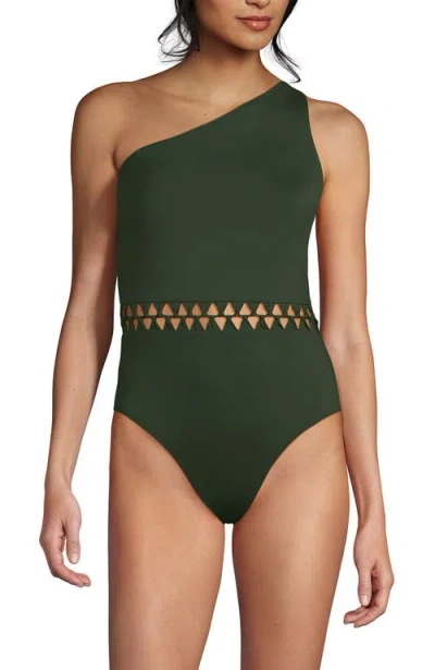LANDS' END LANDS' END MACRAME ONE SHOULDER HIGH LEG ONE PIECE SWIMSUIT