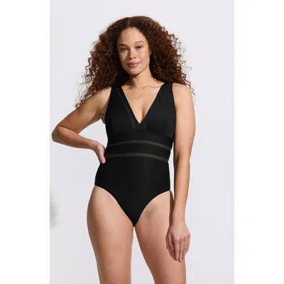 LANDS' END LANDS' END MESH PLUNGE HIGH LEG ONE PIECE SWIMSUIT