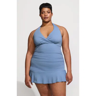 LANDS' END LANDS' END PLUS SIZE PIQUE HALTER RUFFLE HEM MINI SWIM DRESS SWIMSUIT