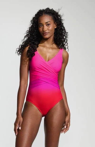 LANDS' END LANDS' END D-CUP SLENDER TUMMY CONTROL CHLORINE RESISTANT V-NECK WRAP ONE PIECE SWIMSUIT