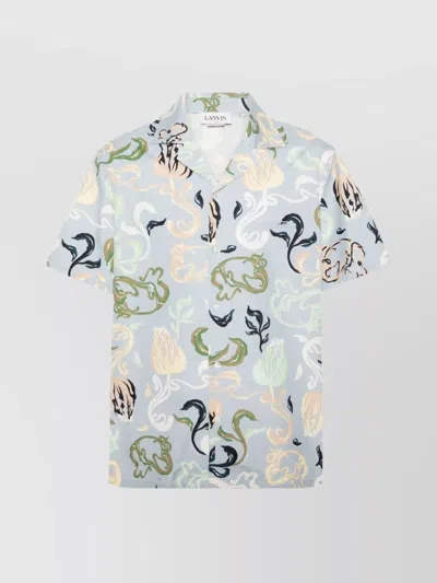 LANVIN COTTON ABSTRACT LOGO PRINT CAMP COLLAR SHORT SLEEVE SHIRT