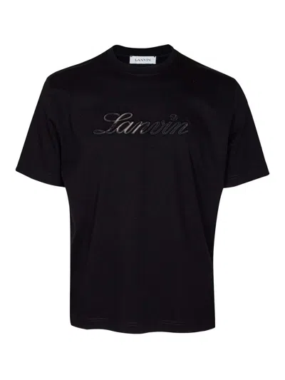LANVIN DENIM T-SHIRT WITH EMBROIDERED LOGO