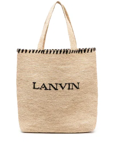 LANVIN LOGO-EMBROIDERED RAFFIA TOTE BAG