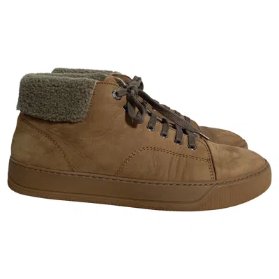 LANVIN NUBUCK SHEAR-LINED HIGH-TOP SNEAKERS IN BROWN SUEDE