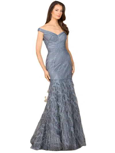 LARA NEW YORK LARA NEW YORK OFF SHOULDER MERMAID BEADED GOWN WITH FEATHERS