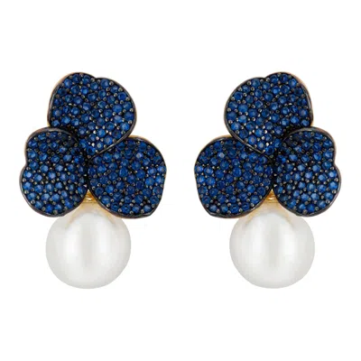 LATELITA WOMEN'S GOLD / WHITE / BLUE IRIS FLOWER AND PEARL DANGLE EARRINGS SAPPHIRE GOLD
