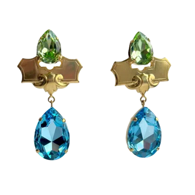 LAURA GRAY WOMEN'S LARGE AQUA BLUE & GREEN CRYSTAL DROP POST EARRINGS