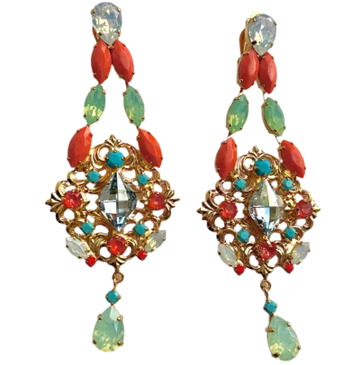 LAURA GRAY WOMEN'S YELLOW CORAL TURQUOISE CHANDELIER EARRINGS
