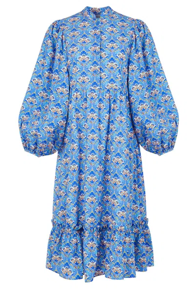 LAVAAND WOMEN'S THE AMELIA ORGANIC COTTON MIDI SHIRT DRESS IN BLUE LOTUS FLORAL