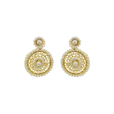 LAVISH BY TRICIA MILANEZE WOMEN'S GOLD / WHITE PEARL & GOLD MINERVA DROP HANDMADE CROCHET EARRINGS