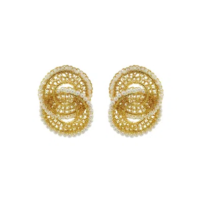 LAVISH BY TRICIA MILANEZE WOMEN'S NEUTRALS / WHITE / GOLD PEARL & GOLD MINERVA DUO HANDMADE CROCHET EARRINGS