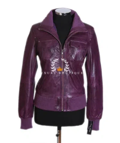 L.B BROOKLYN LILA DAMEN SMART DESIGNER ECHT GEWACHST LAMMLEDER BOMBER LEDERJACKE