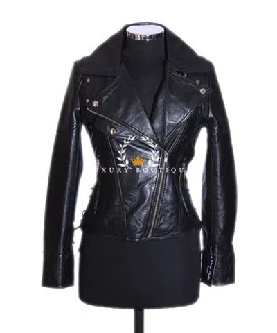 L.B EFEU SCHWARZ DAMEN NEU BIKERSTIL FASHION ECHTE LAMMFELL ANGEPASST LEDERJACKE