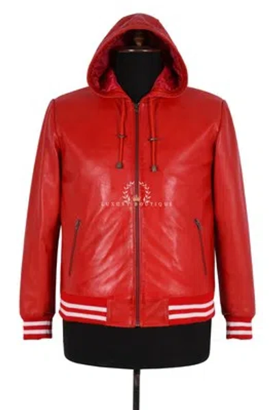 L.B HERREN ROT BASEBALL WEISS STREIFEN NEU KAPUZE BOMBER ECHTE LAMMFELL LEDER JACKE