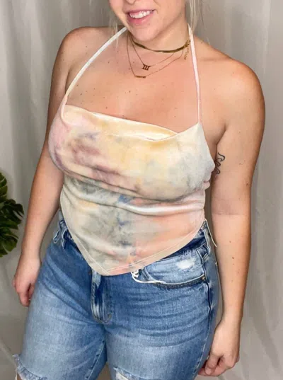 LE LIS GOOD VIBES VELVET HALTER SCARF TOP IN TIE DYE
