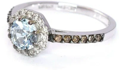 LE VIAN LEVIAN BLUE AQUAMARINE CHOCOLATE DIAMONDS RING ROUND CUT HALO 14K WHITE GOLD