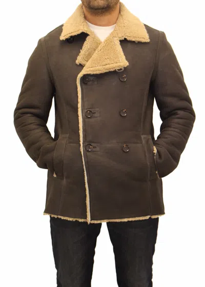 LEATHER STYLES HERREN BRAUNE DEUTSCHE NAVAL LAMMFELL ZWEIREIHIG TRENCHCOAT STUTZER