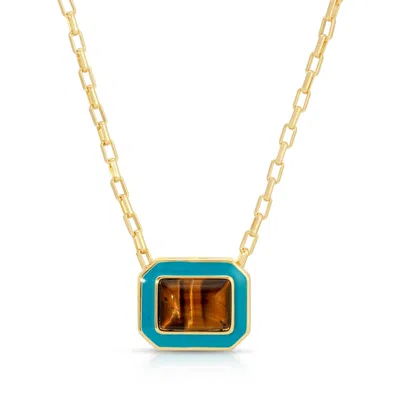 LEEADA JEWELRY WOMEN'S GOLD / BLUE LAMILL SQUARE ENAMEL NECKLACE - TIGERS EYE & TURQUOISE