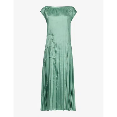 LEEM WOMENS GREEN ROUND-NECK RELAXED-FIT PLEATED WOVEN MIDI DRESS