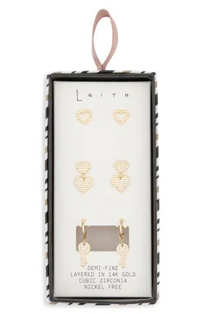 LEITH LEITH 3-PACK FAUX PEARL & CZ HEART EARRINGS