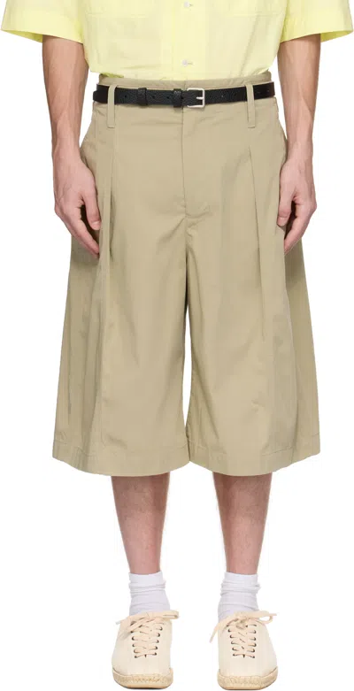LEMAIRE KHAKI MAXI PLEATED BERMUDA SHORTS
