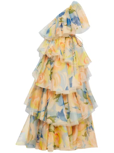 LEO LIN PALOMA ONE-SHOULDER FLORAL-PRINT GOWN