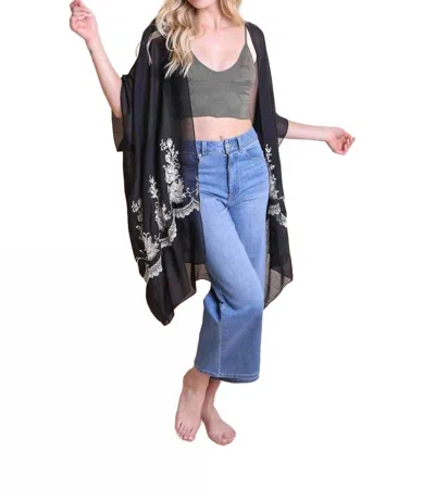 LETO LIGHTWEIGHT FLORAL EMBROIDERED TASSELS BOHO FESTIVAL KIMONO WRAP IN BLACK
