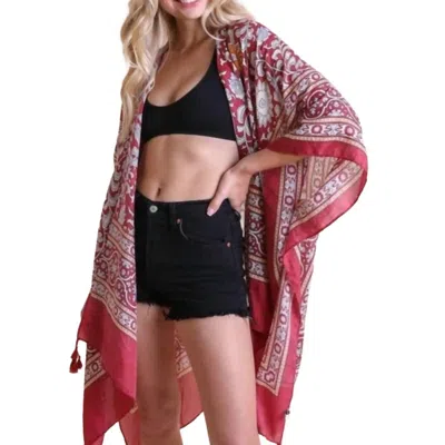 LETO TOUCH OF MOROCCO TAPESTRY TASSEL BOHO KIMONO WRAP SHAWL IN RED LAVENDER