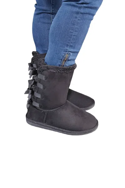 LET'S SEE STYLE WOMEN'S FAUX FUR BOOTS WITH BOW TIE DETAIL IN BLACK