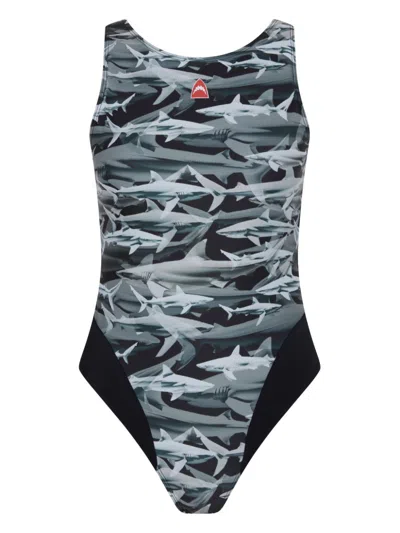 LET'S SWIM SHARK-PRINT OPEN BACK SWIMSUIT