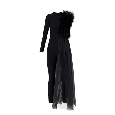 LIA ARAM WOMEN'S BLACK ASYMMETRIC TULLE DECONSTRUCTED JUMPSUIT