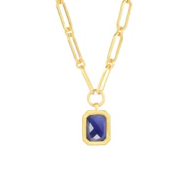 LILA RASA WOMEN'S BLUE / GOLD PAPERCLIP CHAIN RECTANGULAR BLUE SAPPHIRE CRYSTAL