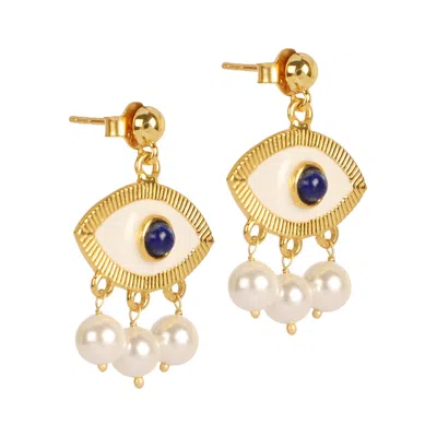 LILA RASA WOMEN'S BLUE / GOLD PEARL EVIL EYE EARRINGS