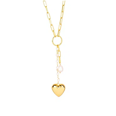 LILA RASA WOMEN'S GOLD / WHITE PAPERCLIP PEARL & HEART DROP NECKLACE
