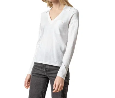 LILLA P LONG SLEEVE COLLARED V NECK TOP IN WHITE