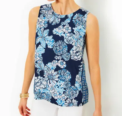 LILLY PULITZER IONA SLEEVELESS TOP IN LOW TIDE NAVY BOUQUET ALL DAY ENGINE