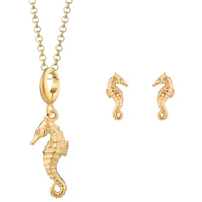 LILY CHARMED WOMEN'S GOLD PLATED SEAHORSE NECKLACE & STUDS JEWELLERY SET
