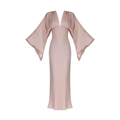 LILY PHELLERA WOMEN'S ROSE GOLD SCARLETT KIMONO GOWN WITH TRUMPET SLEEVES & RED PIPING DETAIL