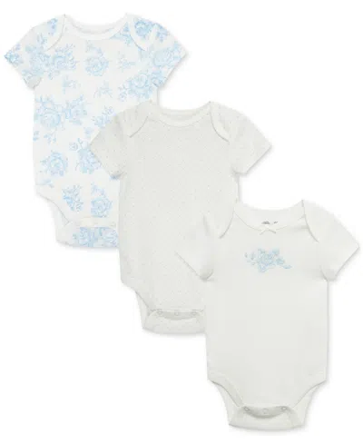 LITTLE ME BABY GIRLS BLUE ROSES SHORT-SLEEVE COTTON BODYSUITS, PACK OF 3