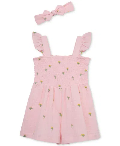 LITTLE ME BABY GIRLS WOVEN COTTON FLORAL SCHIFFLI ROMPER & HEADBAND, 2 PIECE SET