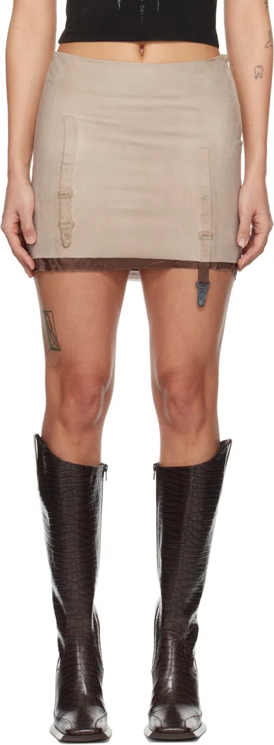 LIZA KEANE TAUPE SUSPENDER LEATHER MINISKIRT