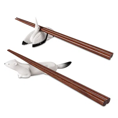 LLADRÒ ERMINE AND CRANE CHOPSTICKS HOLDERS WITH WOODEN CHOPSTICKS
