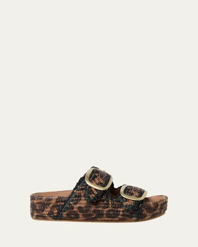 LOEFFLER RANDALL THEO LEOPARD-PRINT RAFFIA DUAL-BUCKLE SLIDE SANDALS