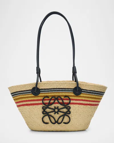 LOEWE SMALL ANAGRAM STRIPED BASKET TOTE BAG IN RAFFIA