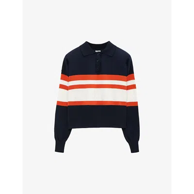 LOEWE WOMENS DEEP BLUE / WHITE / LOGO-EMBROIDERED BOXY-FIT STRIPED COTTON POLO JUMPER