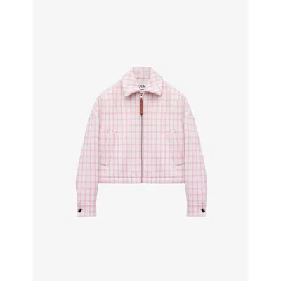 LOEWE WOMENS GINGHAM-PRINT BOXY-FIT WOOL-BLEND JACKET WHITE/PINK