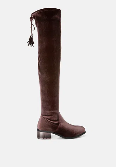 LONDON RAG RUMPLE VELVET OVER THE KNEE CLEAR HEEL BOOTS