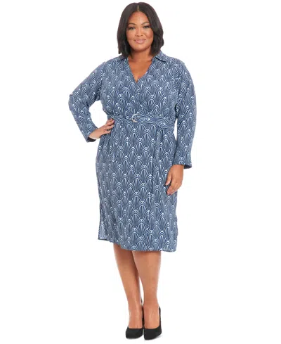 LONDON TIMES PLUS SIZE GEO-PRINT COLLARED BELTED DRESS